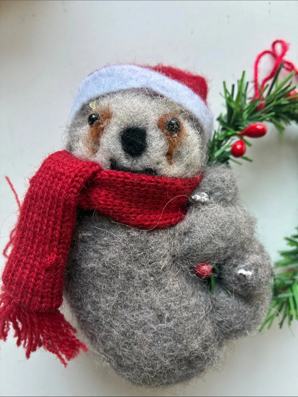 Vintage Handmade Holiday Felt Snowman and Wool Bear Ornaments Set of 2